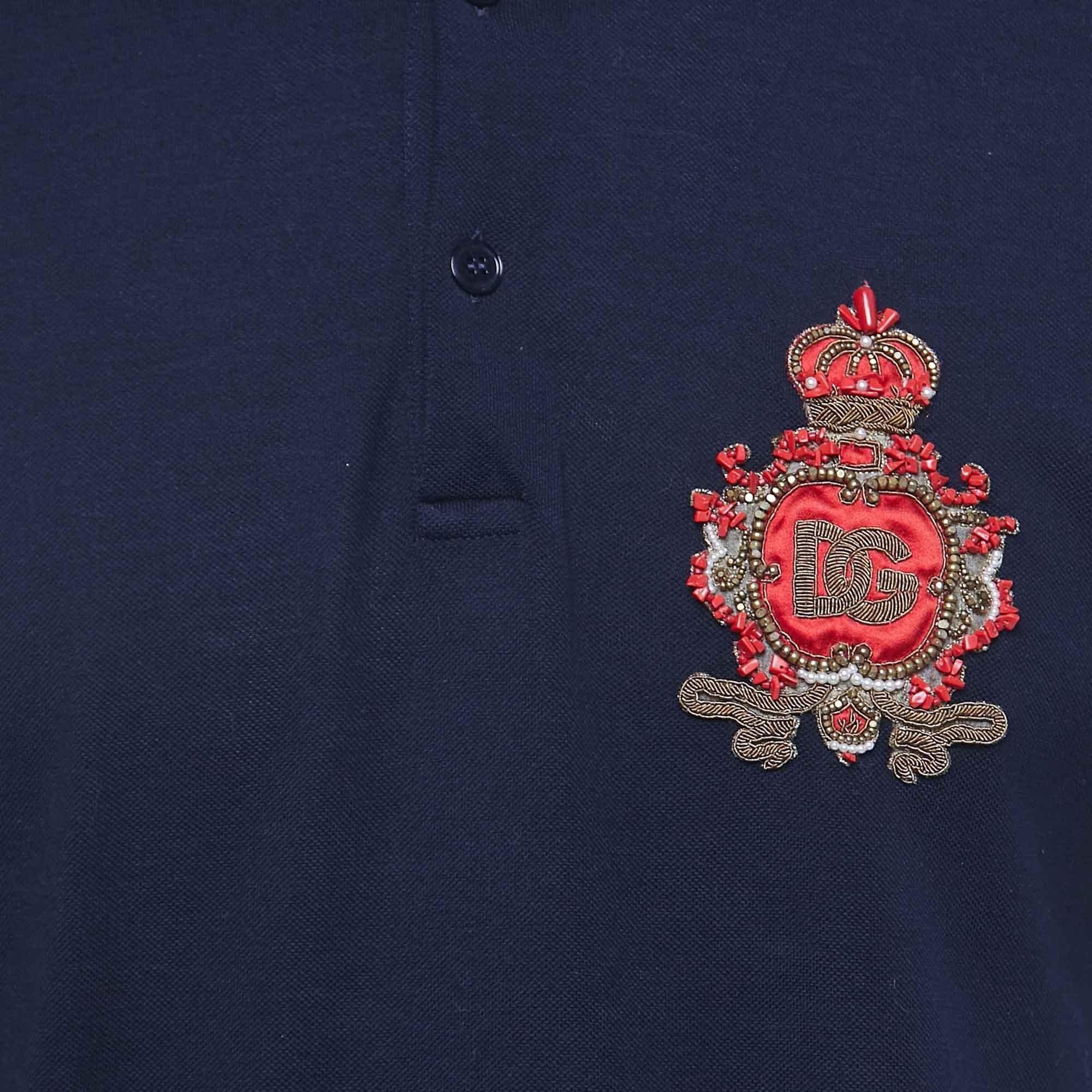 Dolce & Gabbana Navy Blue Cotton Pique Logo Applique Polo T-Shirt S In Good Condition In Dubai, Al Qouz 2