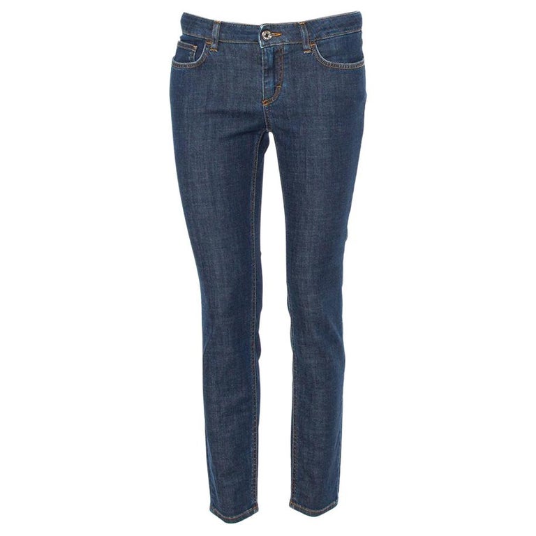 Dolce and Gabbana Navy Blue Denim Contrast Applique Detail Skinny Fit Jeans  M For Sale at 1stDibs