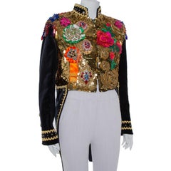 Dolce & Gabbana Navy Blue Floral Sequin Embellished Velvet Tailcoat S
