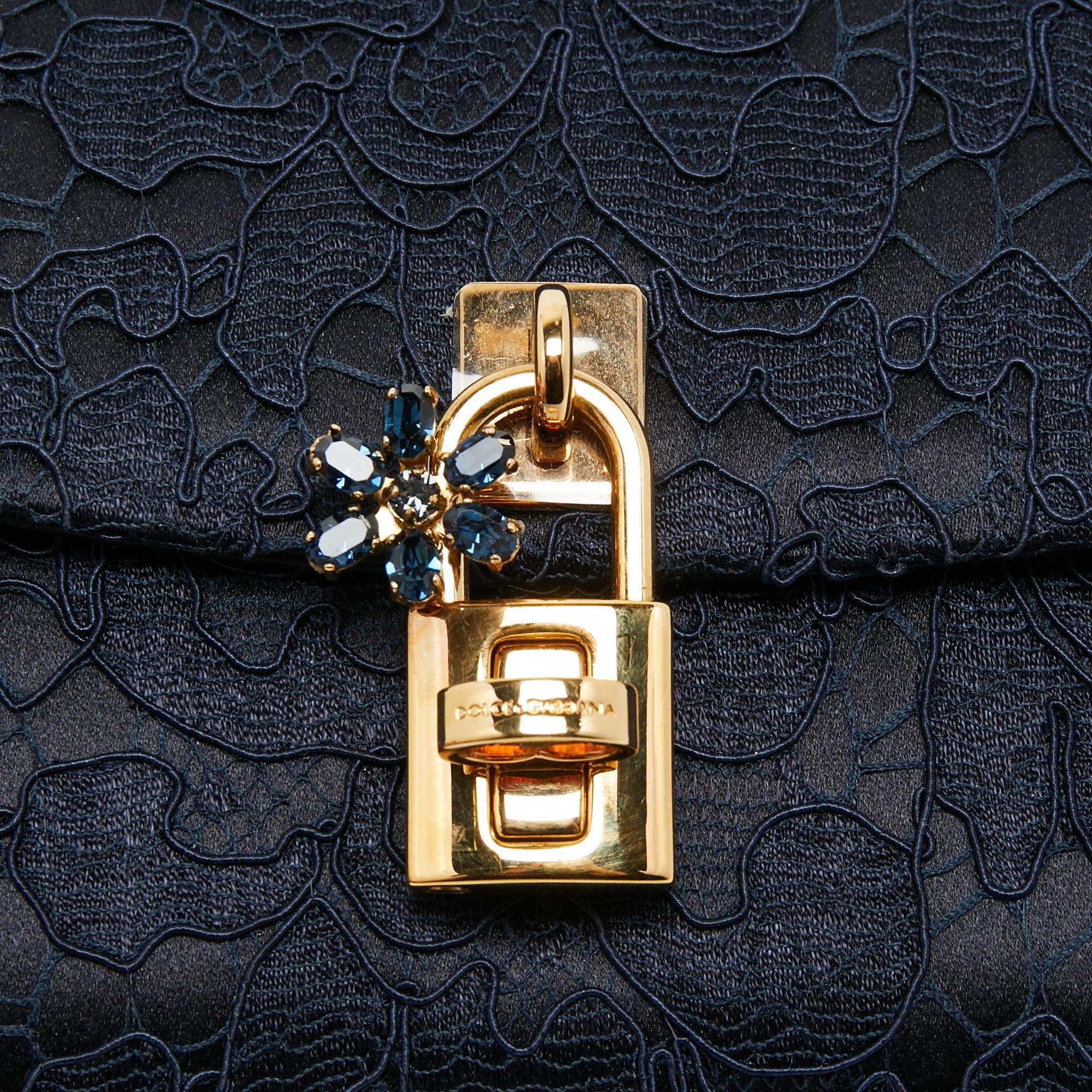 Dolce & Gabbana Navy Blue Lace and Satin Padlock Chain Clutch 6