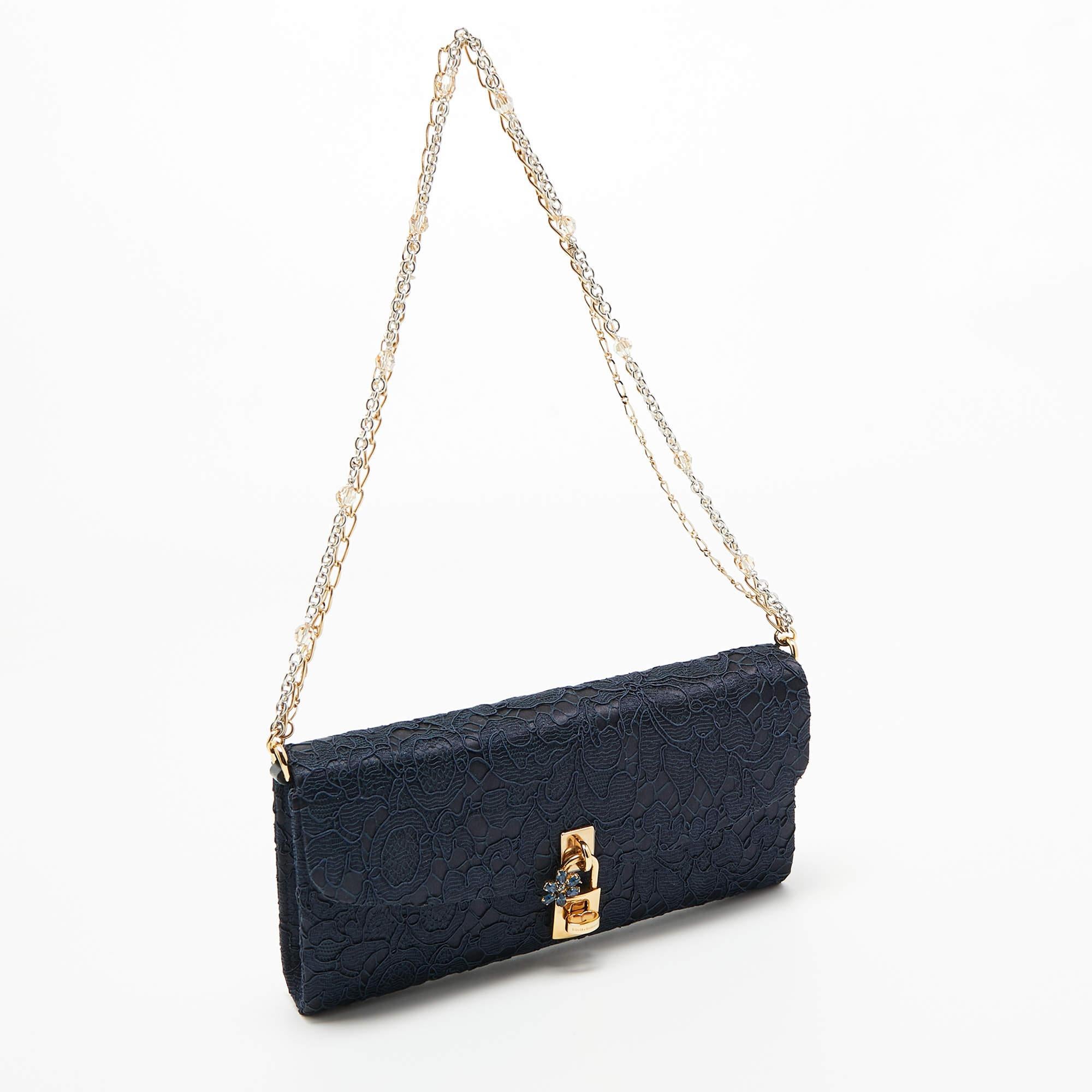 Women's Dolce & Gabbana Navy Blue Lace and Satin Padlock Chain Clutch