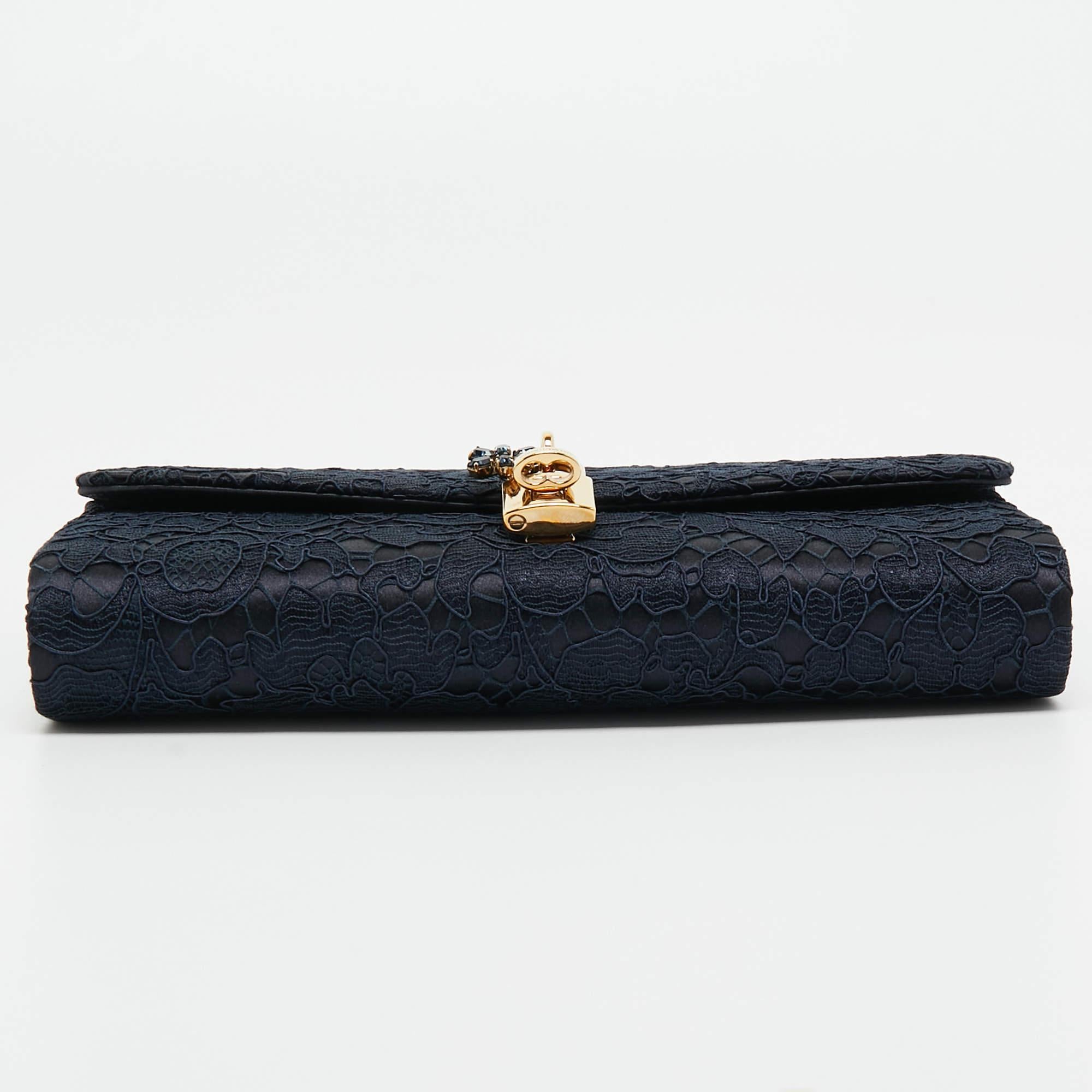 Dolce & Gabbana Navy Blue Lace and Satin Padlock Chain Clutch 1
