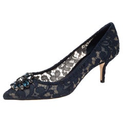 Dolce & Gabbana Navy Blue Lace Bellucci Pointed Toe Pumps Size 41