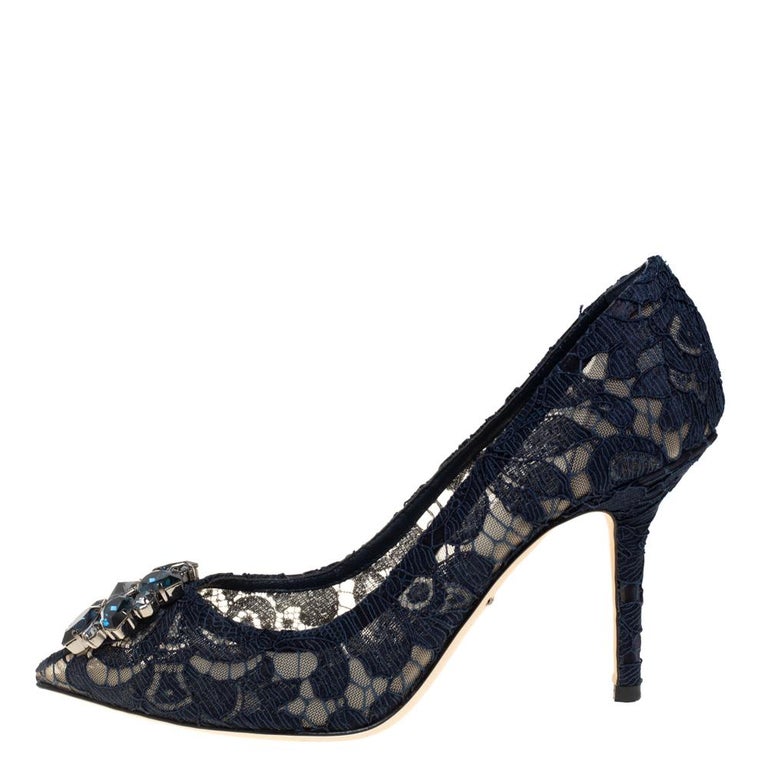 Dolce and Gabbana Navy Blue Lace Crystal Embellished Bellucci Toe Pumps ...