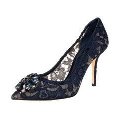 Dolce & Gabbana Navy Blue Lace Crystal Embellished Bellucci Toe Pumps Size 37.5