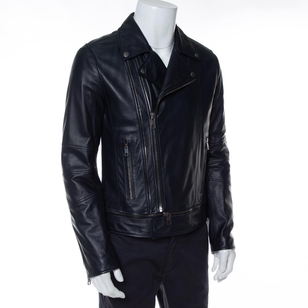 Black Dolce & Gabbana Navy Blue Leather Quilted Lined Biker Jacket M