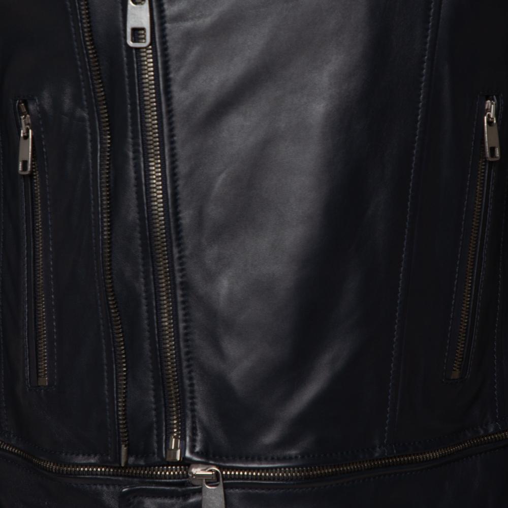 Men's Dolce & Gabbana Navy Blue Leather Quilted Lined Biker Jacket M