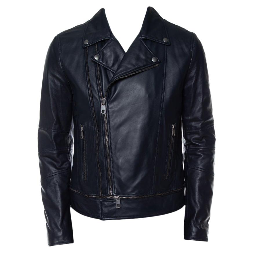 Dolce & Gabbana Navy Blue Leather Quilted Lined Biker Jacket M