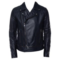 Dolce & Gabbana Navy Blue Leather Quilted Lined Biker Jacket M