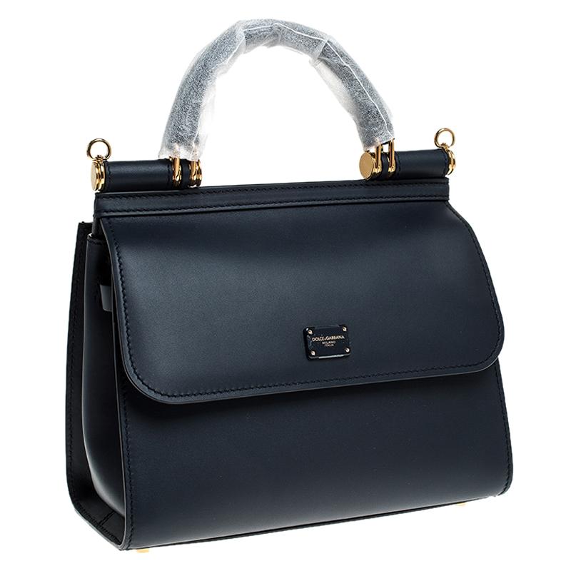 Dolce & Gabbana Marineblaues Leder Sicily 58 Top Handle Bag im Zustand „Neu“ in Dubai, Al Qouz 2