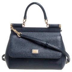Dolce & Gabbana Navy Blue Leather Small Miss Sicily Top Handle Bag
