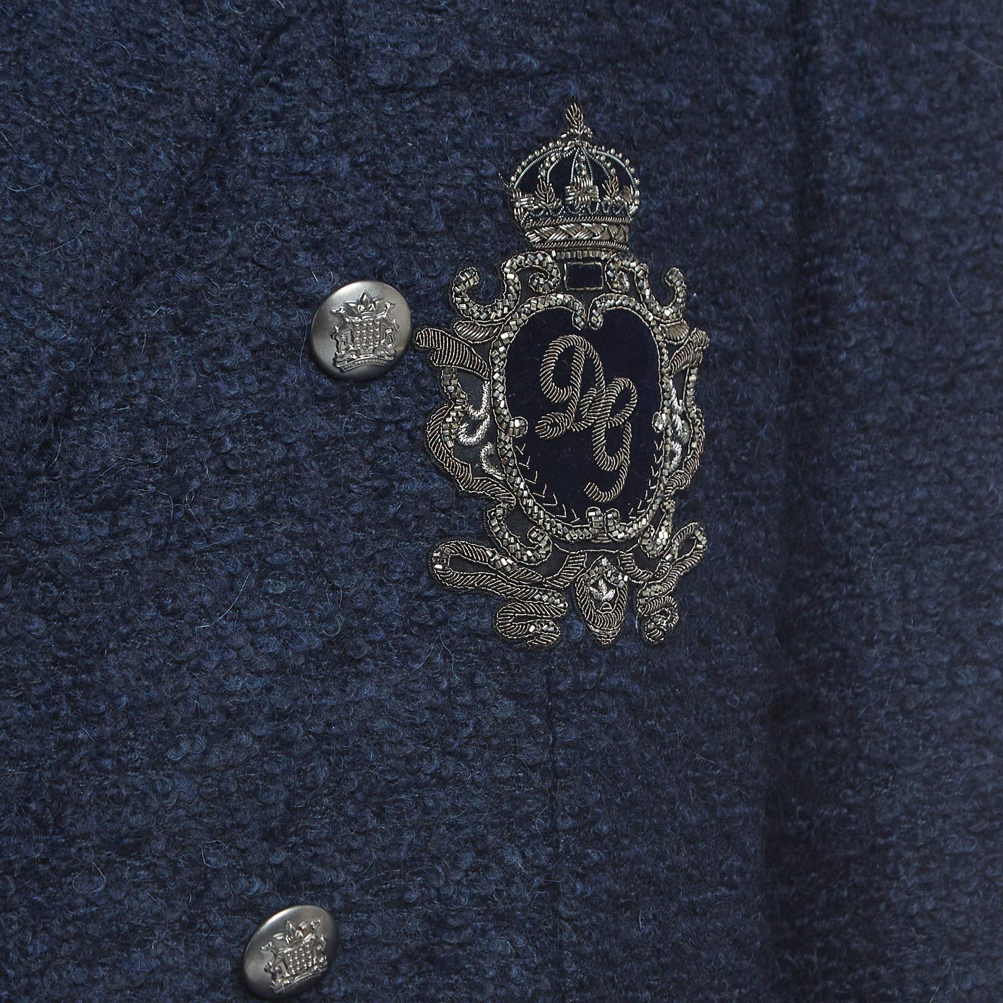 Black Dolce & Gabbana Navy Blue Logo Embroidered Tweed Double Breasted Coat M