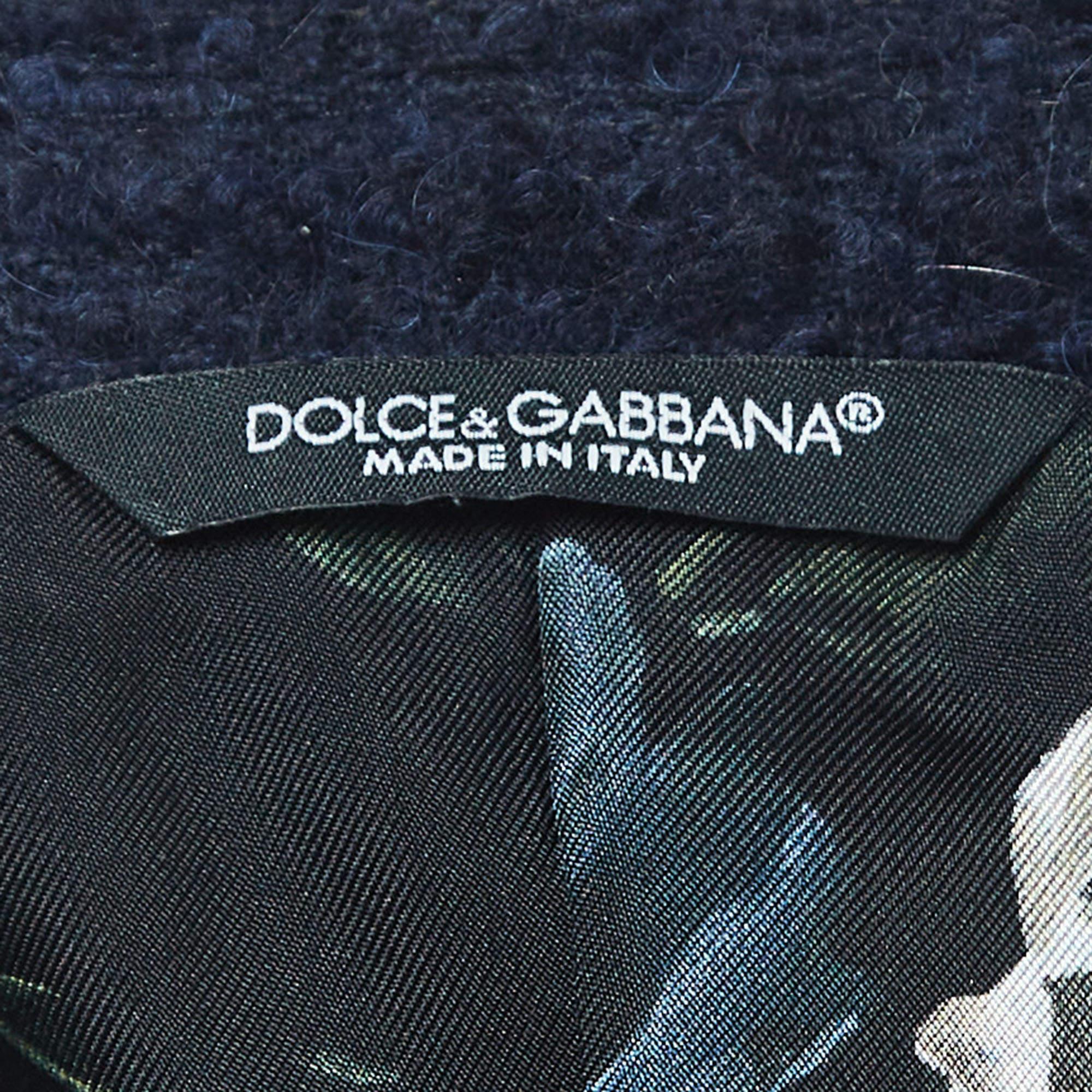 Women's Dolce & Gabbana Navy Blue Logo Embroidered Tweed Double Breasted Coat M