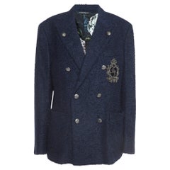 Dolce & Gabbana Navy Blue Logo Embroidered Tweed Double Breasted Coat M