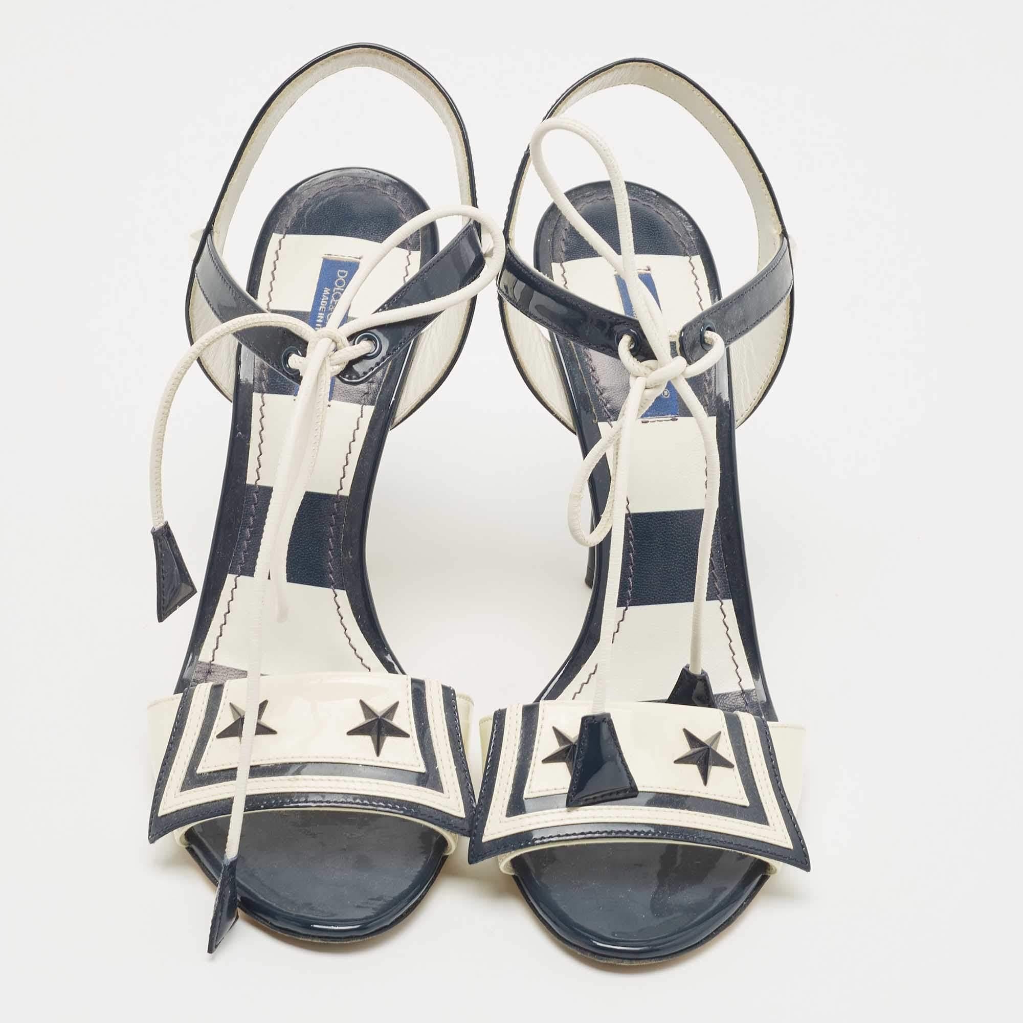 Women's Dolce & Gabbana Navy Blue/Off White Patent Leather Ankle Tie Sandals Size 38
