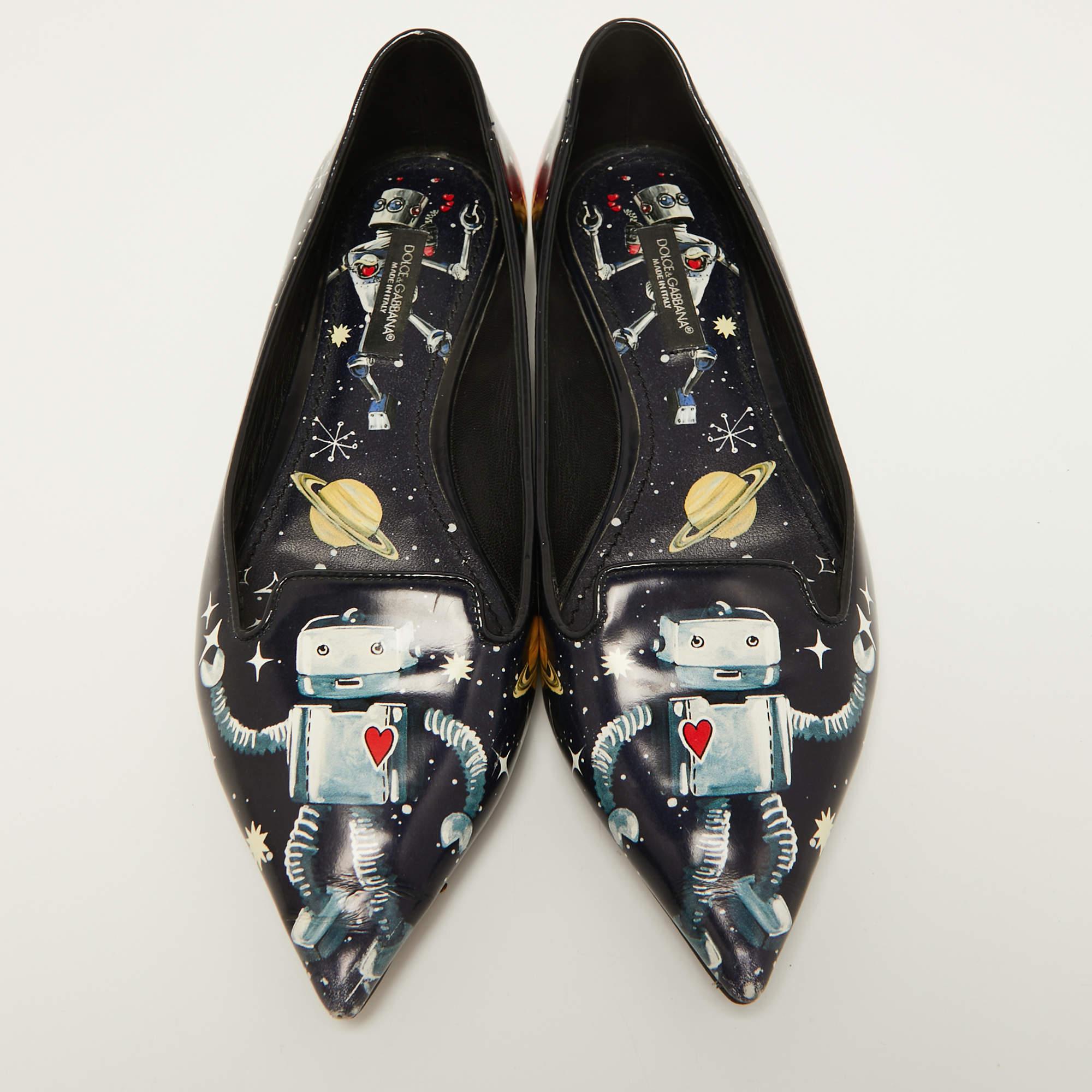 Black Dolce & Gabbana Navy Blue Patent leather Galaxy Print Ballet Flats Size 35.5