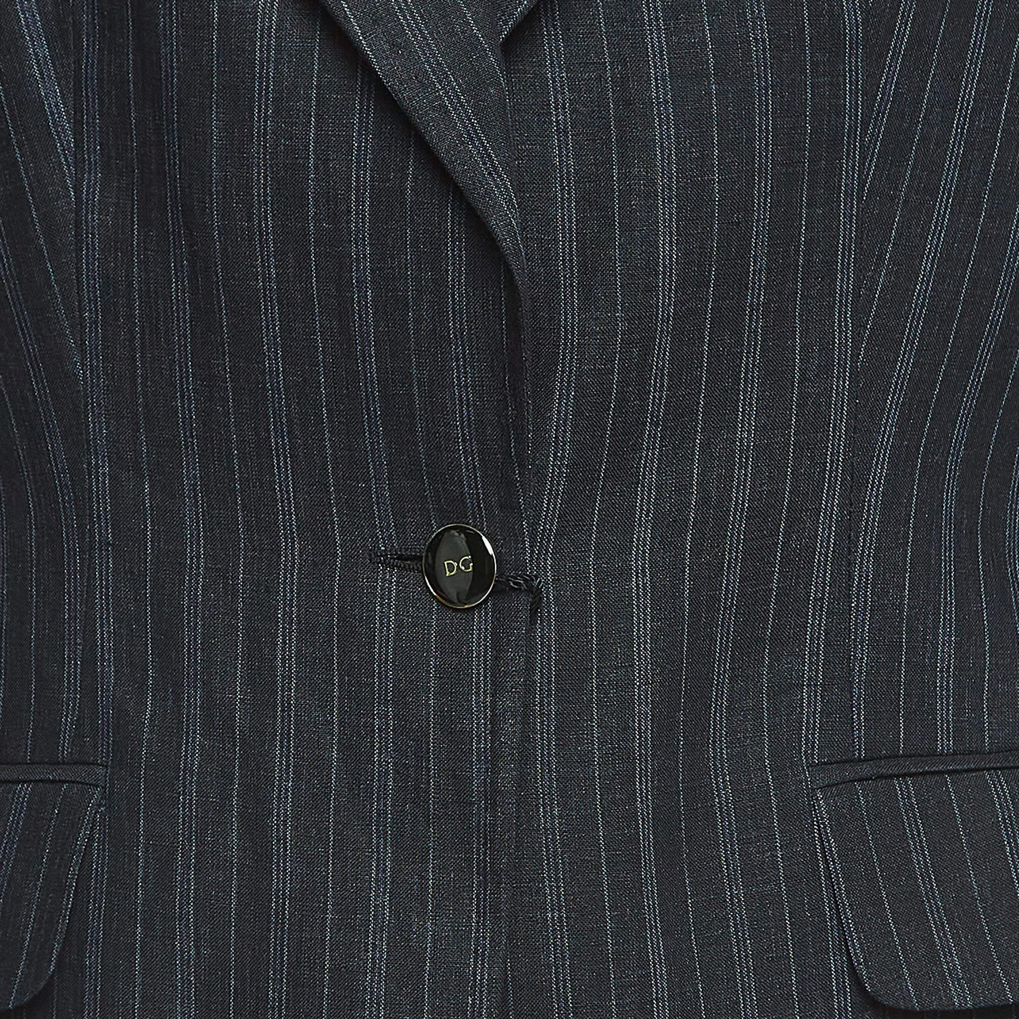 Black Dolce & Gabbana Navy Blue Pinstripe Linen Single Breasted Suit M
