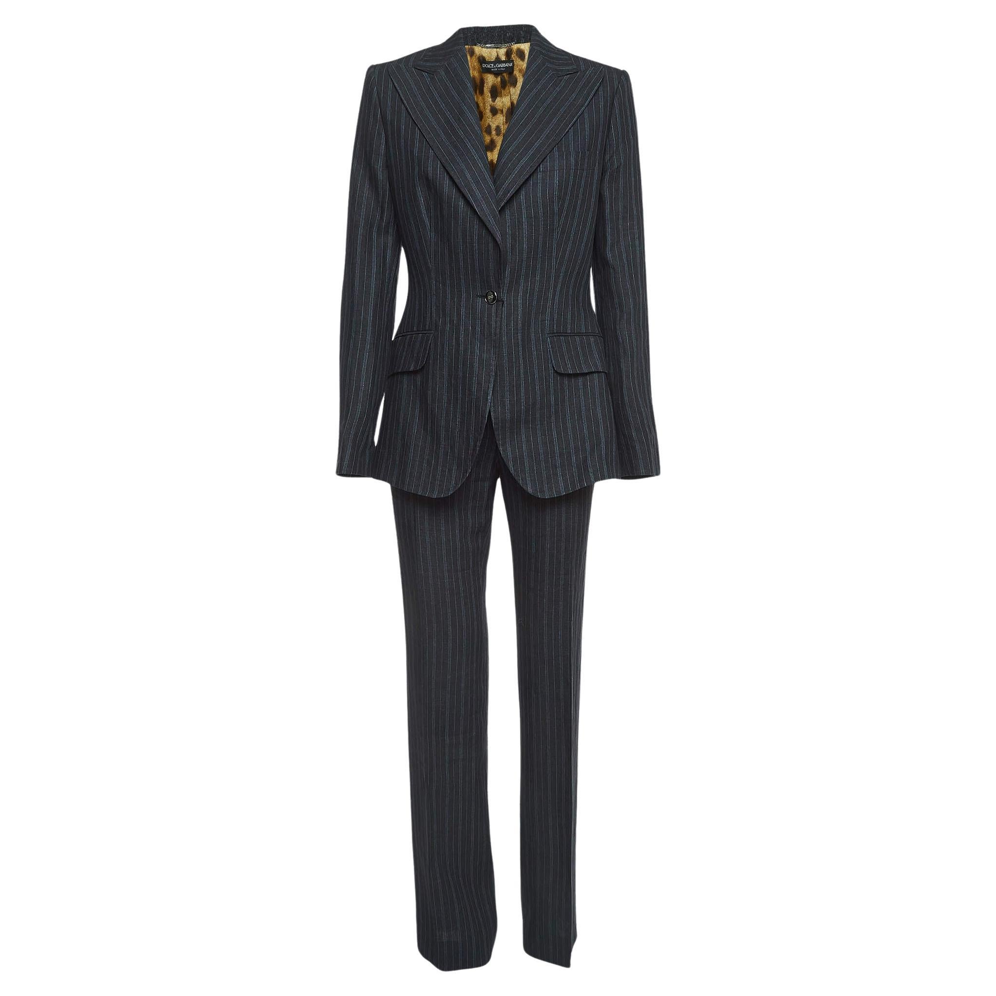 Dolce & Gabbana Navy Blue Pinstripe Linen Single Breasted Suit M