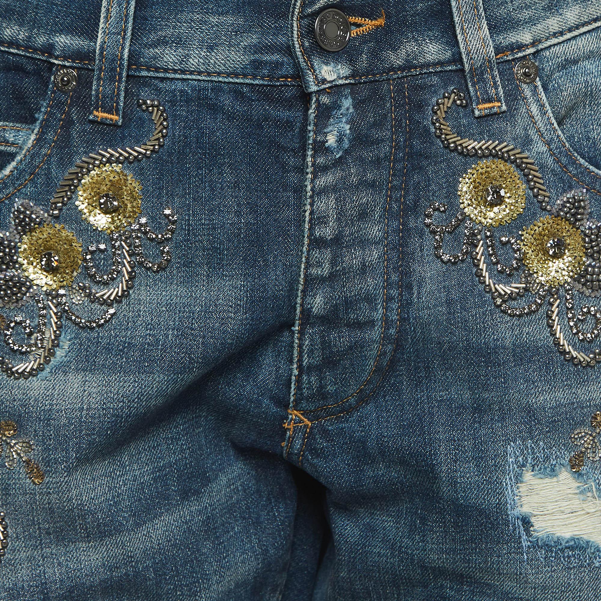 Black Dolce & Gabbana Navy Blue Ripped Denim Crystal Embellished Jeans L Waist 33