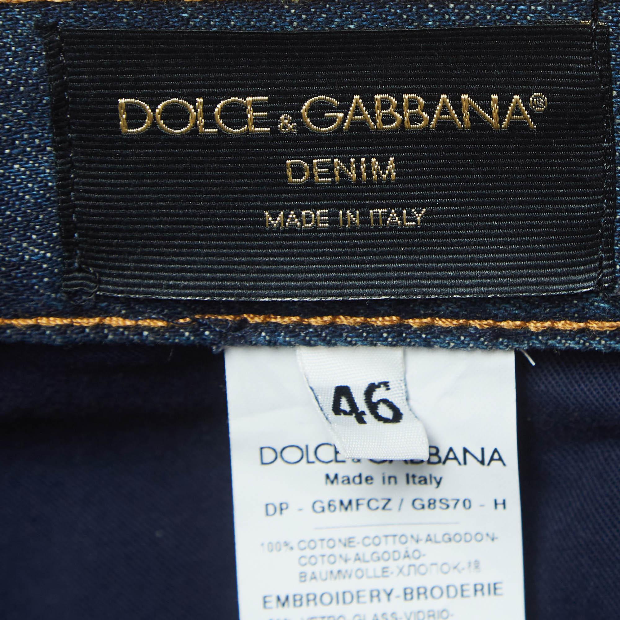 Dolce & Gabbana Navy Blue Ripped Denim Crystal Embellished Jeans L Waist 33