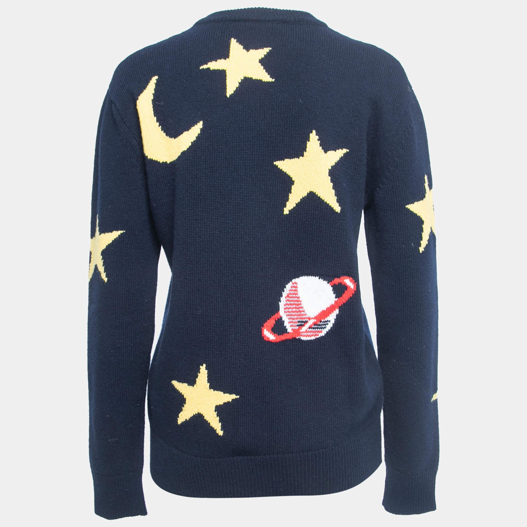 Dolce & Gabbana Navy Blue Spaceship Patterned Wool Sweater  In Excellent Condition For Sale In Dubai, Al Qouz 2