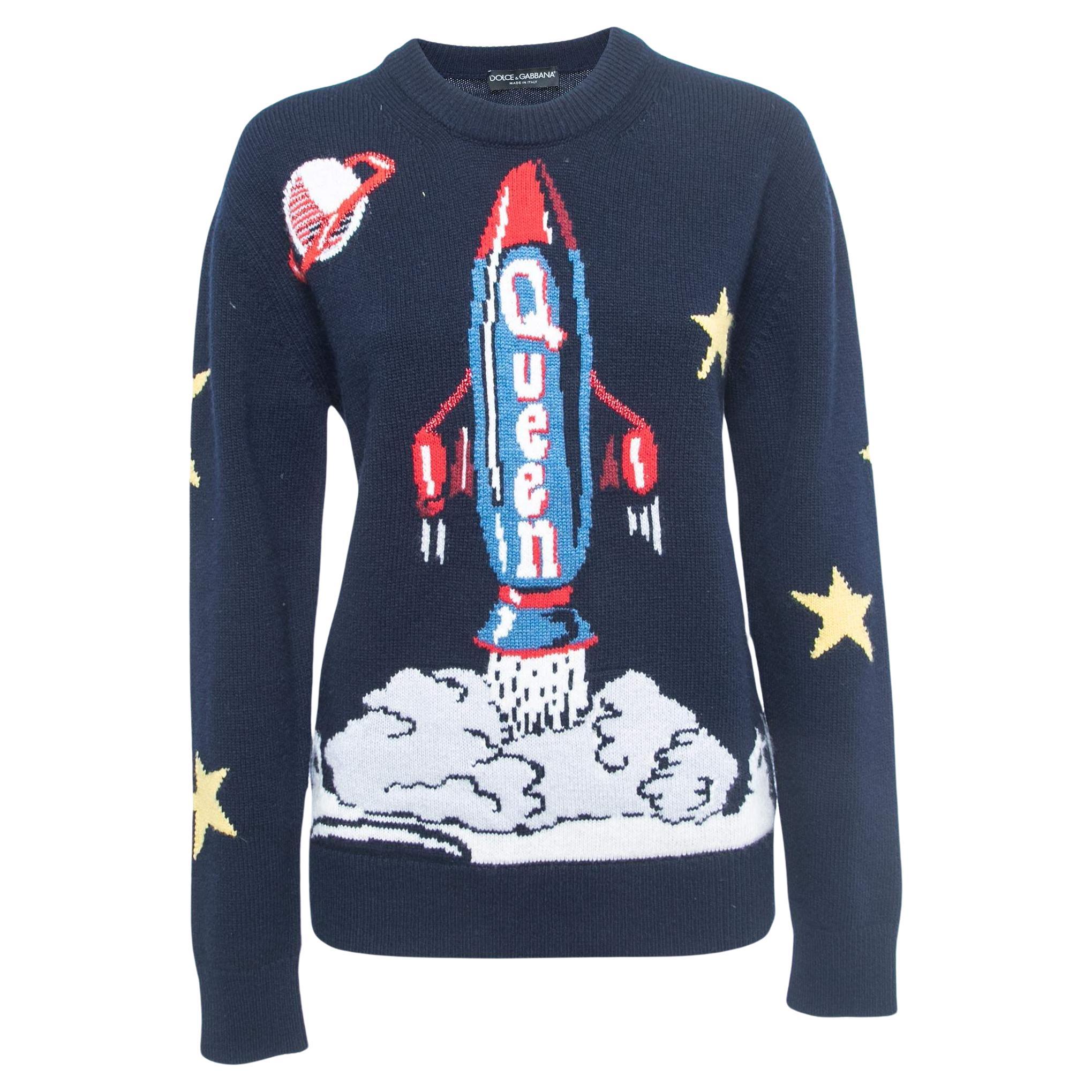 Dolce & Gabbana Navy Blue Spaceship Patterned Wool Sweater  For Sale