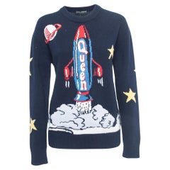 Used Dolce & Gabbana Navy Blue Spaceship Patterned Wool Sweater 