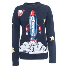 Dolce & Gabbana Navy Blue Spaceship Patterned Wool Sweater 