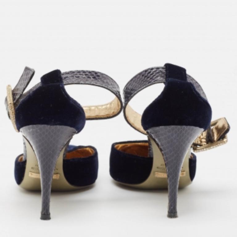 Dolce & Gabbana Marineblauer Samt und Python Knöchelriemen Sandalen Größe 36 Damen im Angebot