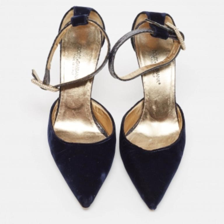 Dolce & Gabbana Marineblauer Samt und Python Knöchelriemen Sandalen Größe 36 im Angebot 1