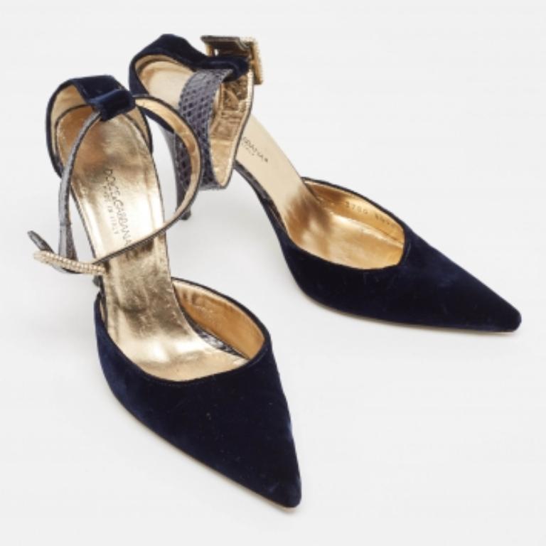 Dolce & Gabbana Marineblauer Samt und Python Knöchelriemen Sandalen Größe 36 im Angebot 2