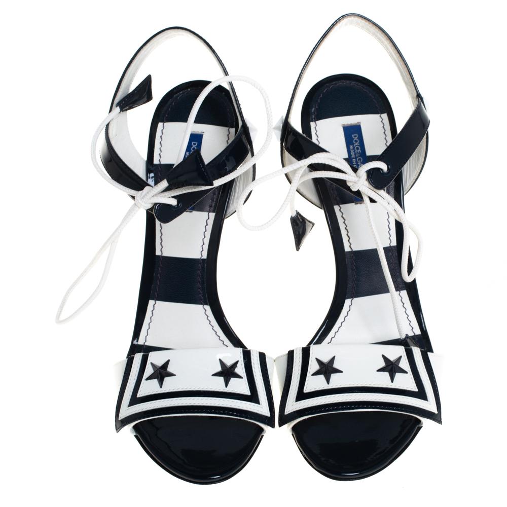 Black Dolce & Gabbana Navy Blue/White Ankle Tie Open Toe Sandals Size 38