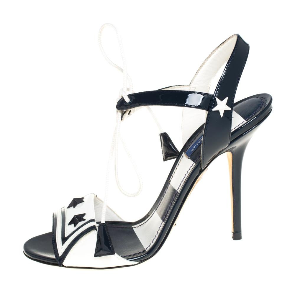 Dolce & Gabbana Navy Blue/White Ankle Tie Open Toe Sandals Size 38