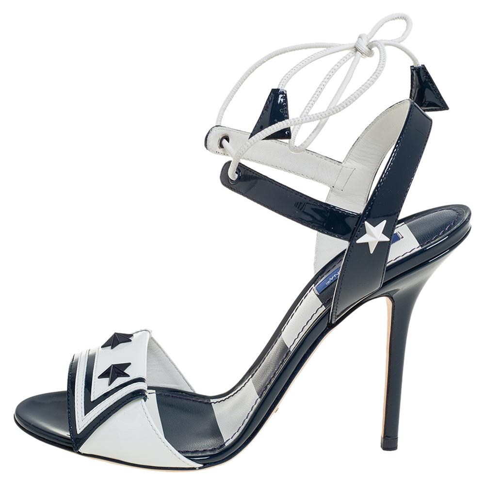 Gray Dolce & Gabbana Navy Blue/White Keira Ankle Tie Open Toe Sandals Size 38