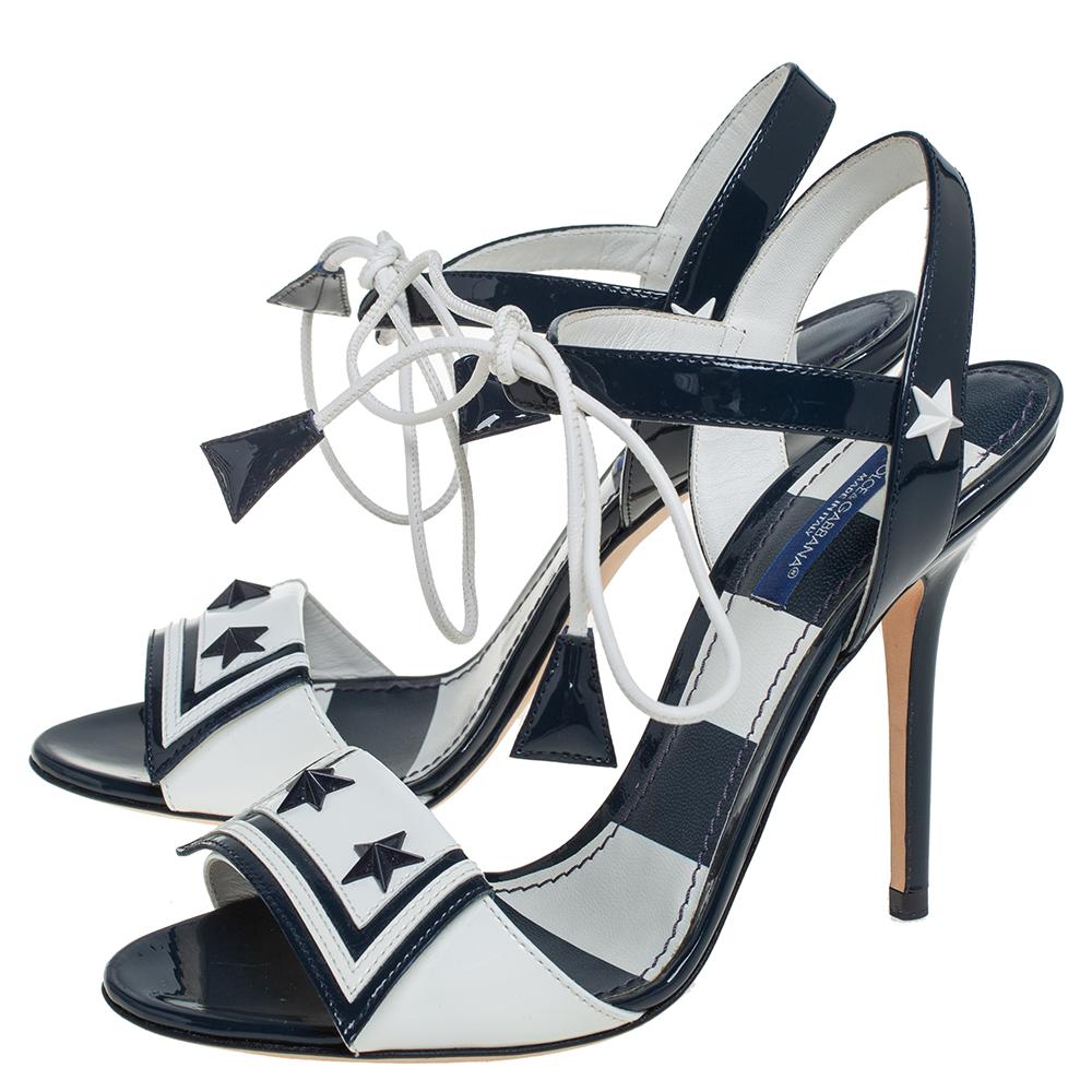 Black Dolce & Gabbana Navy Blue/White Patent Leather Sailor Sandals Size 37