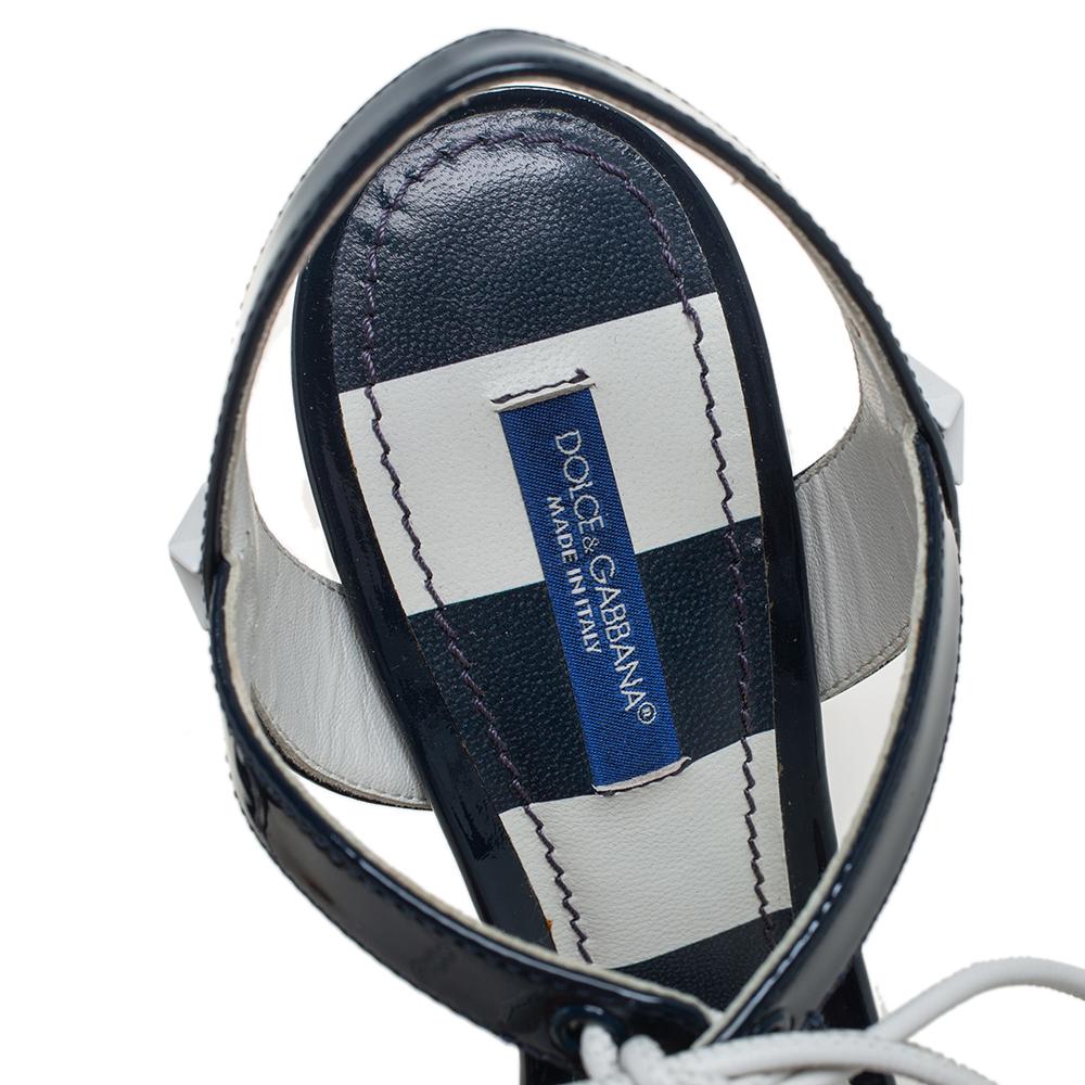 Dolce & Gabbana Navy Blue/White Patent Leather Sailor Sandals Size 37 In Excellent Condition In Dubai, Al Qouz 2