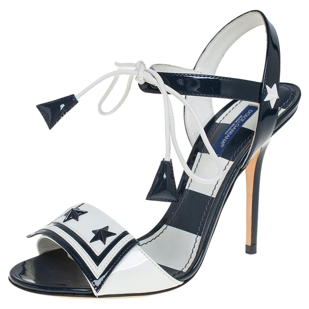 Dolce & Gabbana Navy Blue/White Patent Leather Sailor Sandals Size 37