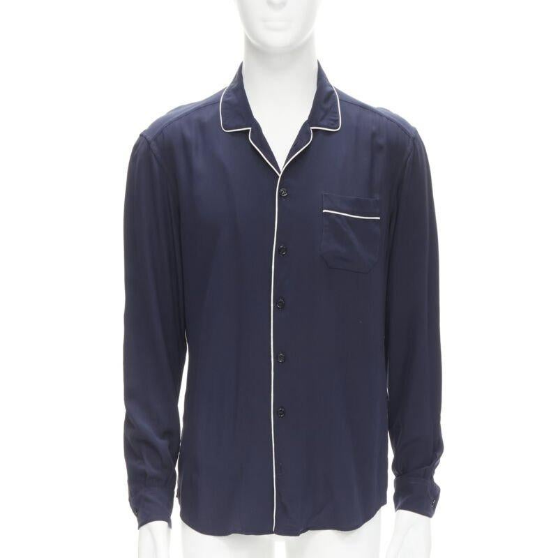 DOLCE GABBANA camicia pigiama casual blu navy con profili bianchi S.S. White in vendita