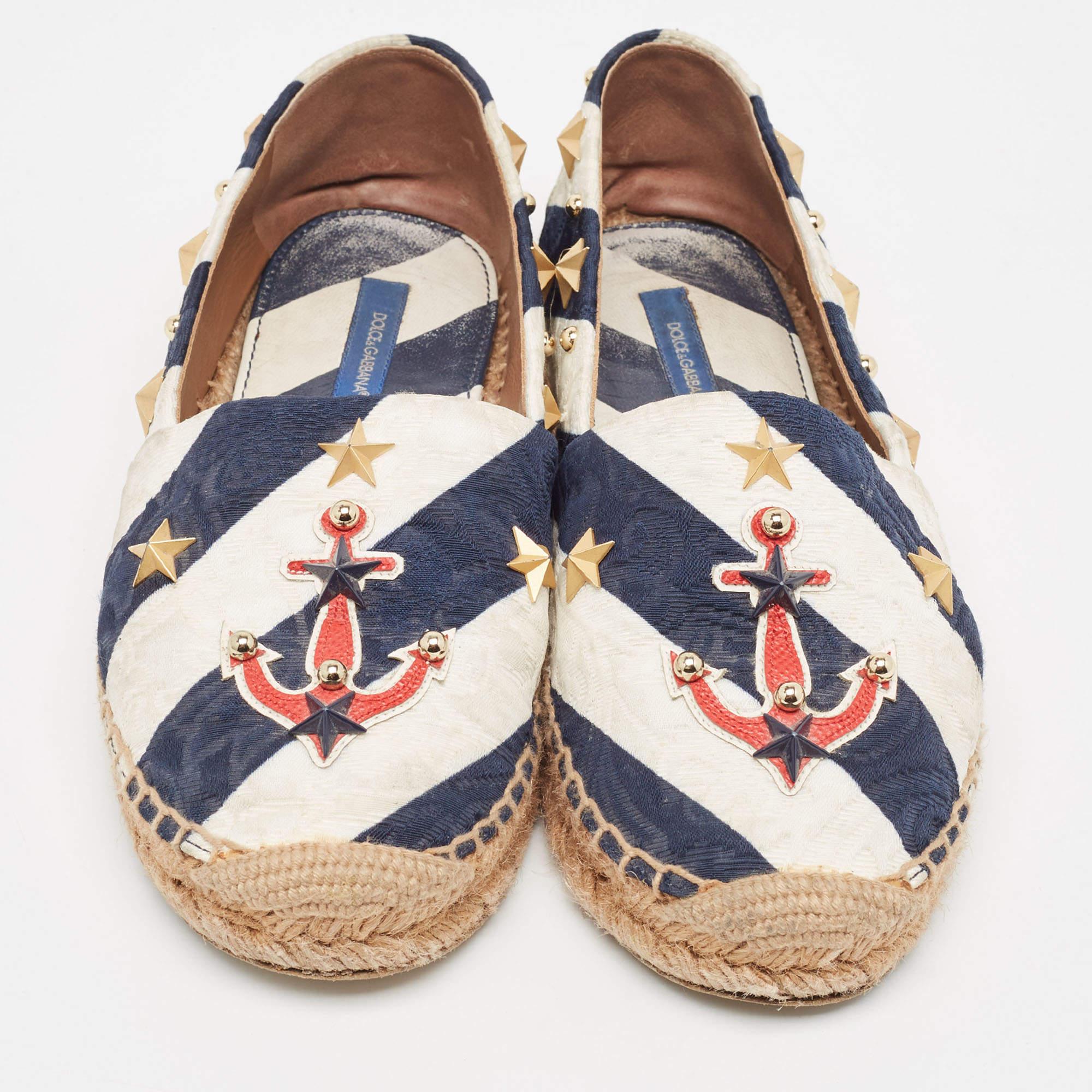 Gray Dolce & Gabbana Navy Blue/White Striped Brocade Fabric Star Studded Flats Size36 For Sale