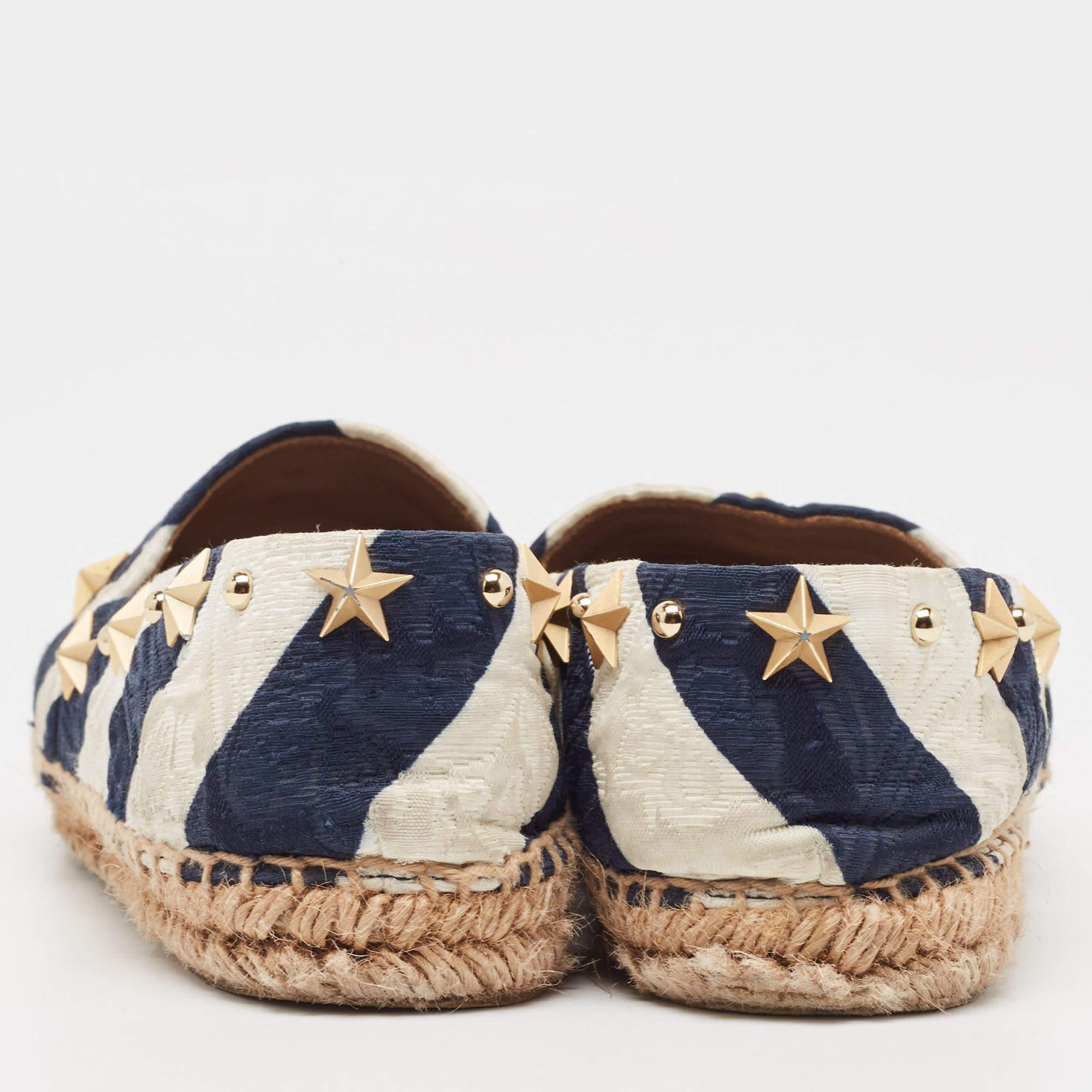Women's Dolce & Gabbana Navy Blue/White Striped Brocade Fabric Star Studded Flats Size36 For Sale
