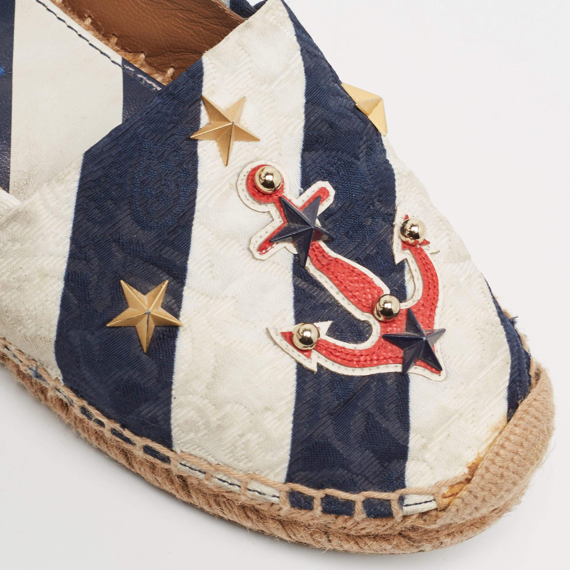 Dolce & Gabbana Navy Blue/White Striped Brocade Fabric Star Studded Flats Size36 For Sale 2