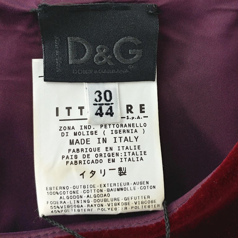DOLCE and GABBANA New with Tags 00s Vintage Cotton Red Velvet Blouse Size 8US 40EU For Sale at