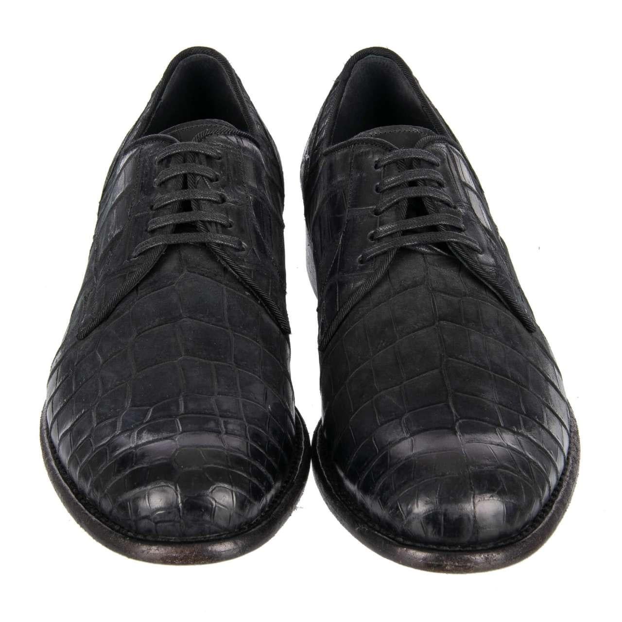 Men's Dolce & Gabbana Nubuck Crocodile Leather Derby Shoes Black 40 For Sale