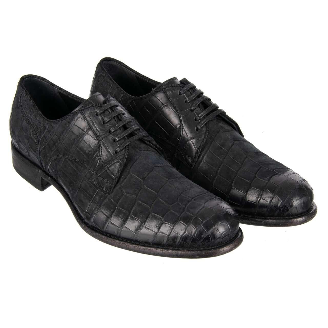 Dolce & Gabbana Nubuck Crocodile Leather Derby Shoes Black 40 For Sale 1