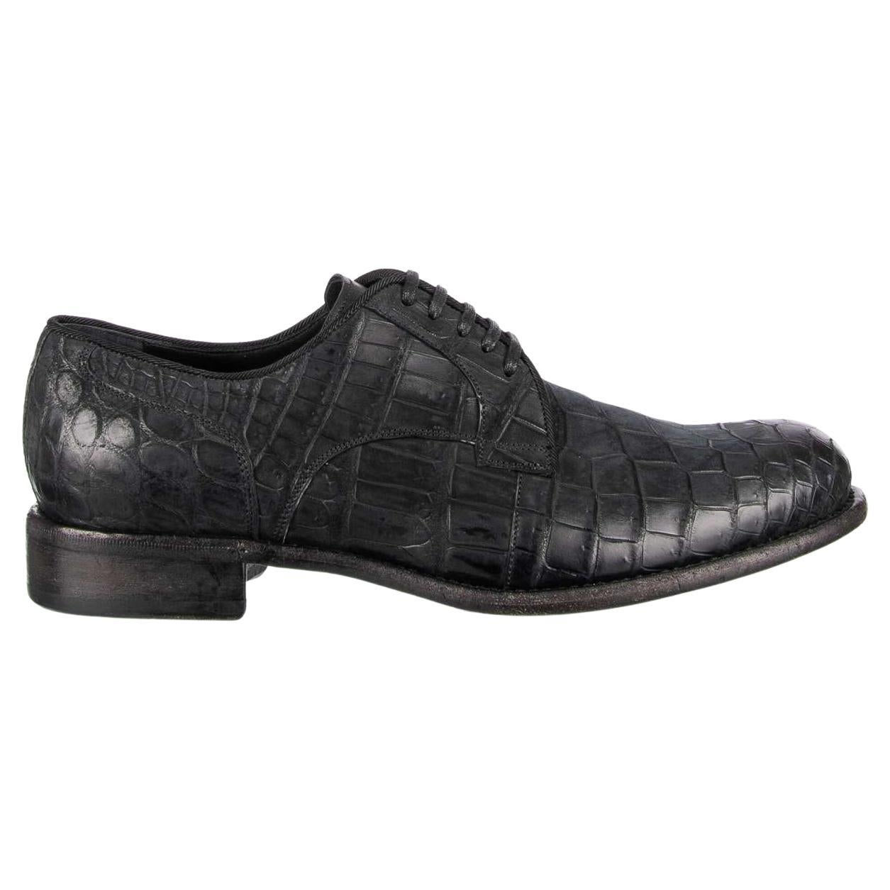 Dolce & Gabbana Nubuck Crocodile Leather Derby Shoes Black 40 For Sale