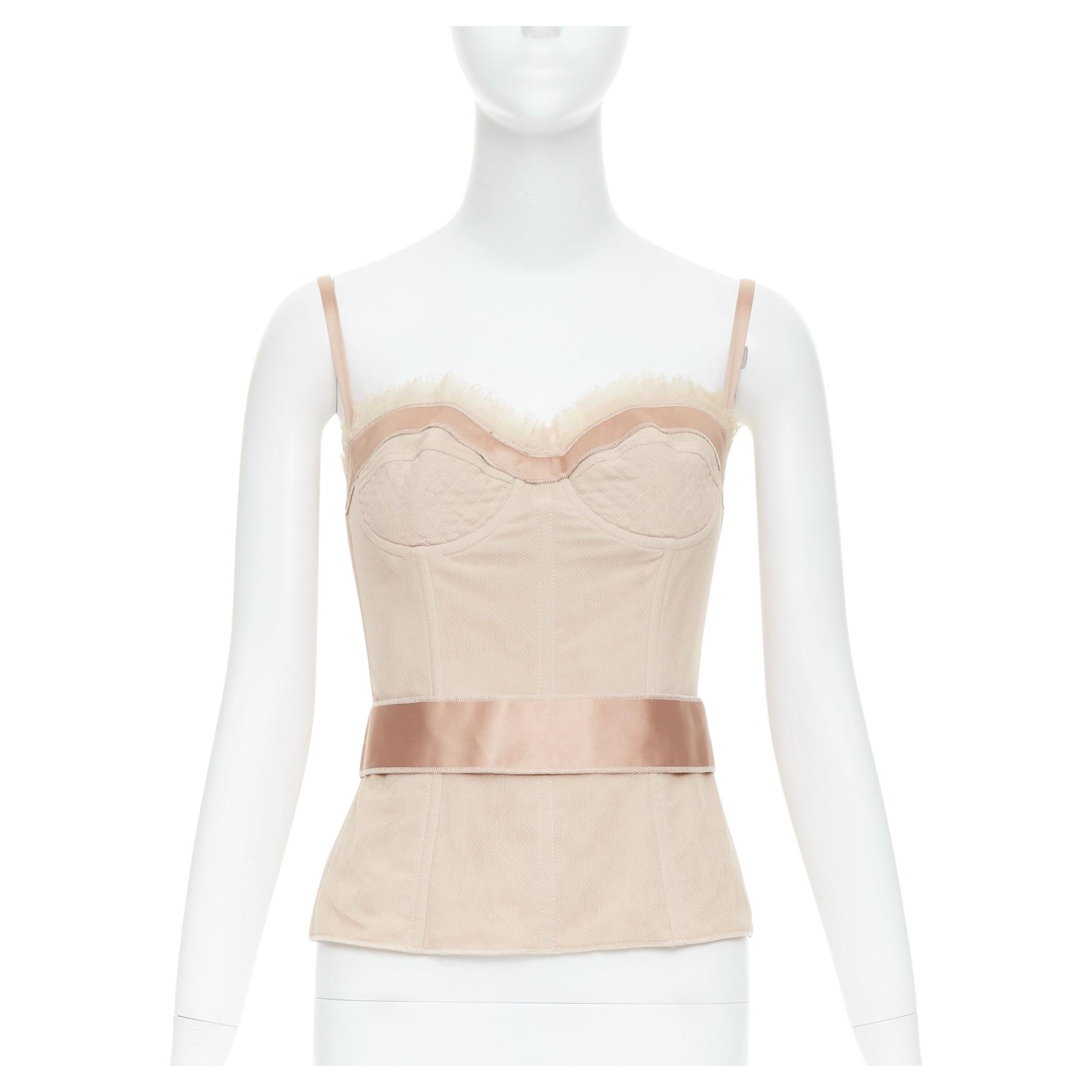 DOLCE GABBANA nude cotton tulle bust satin belt corset bustier IT40 S