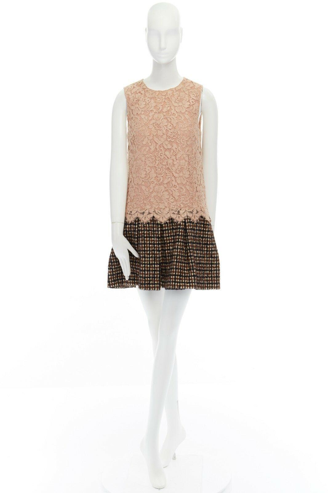 Beige DOLCE GABBANA nude floral lace brown checked wool boucle skirt cocktail dress S