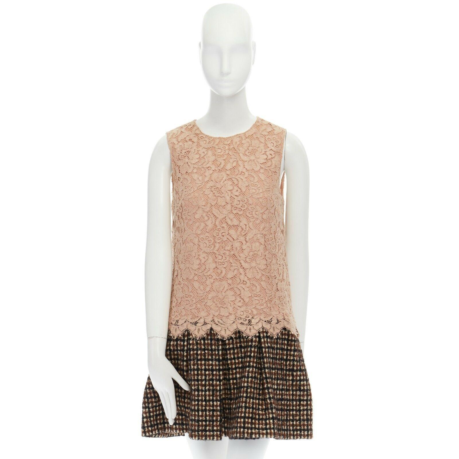 DOLCE GABBANA nude floral lace brown checked wool boucle skirt cocktail dress S In Excellent Condition In Hong Kong, NT