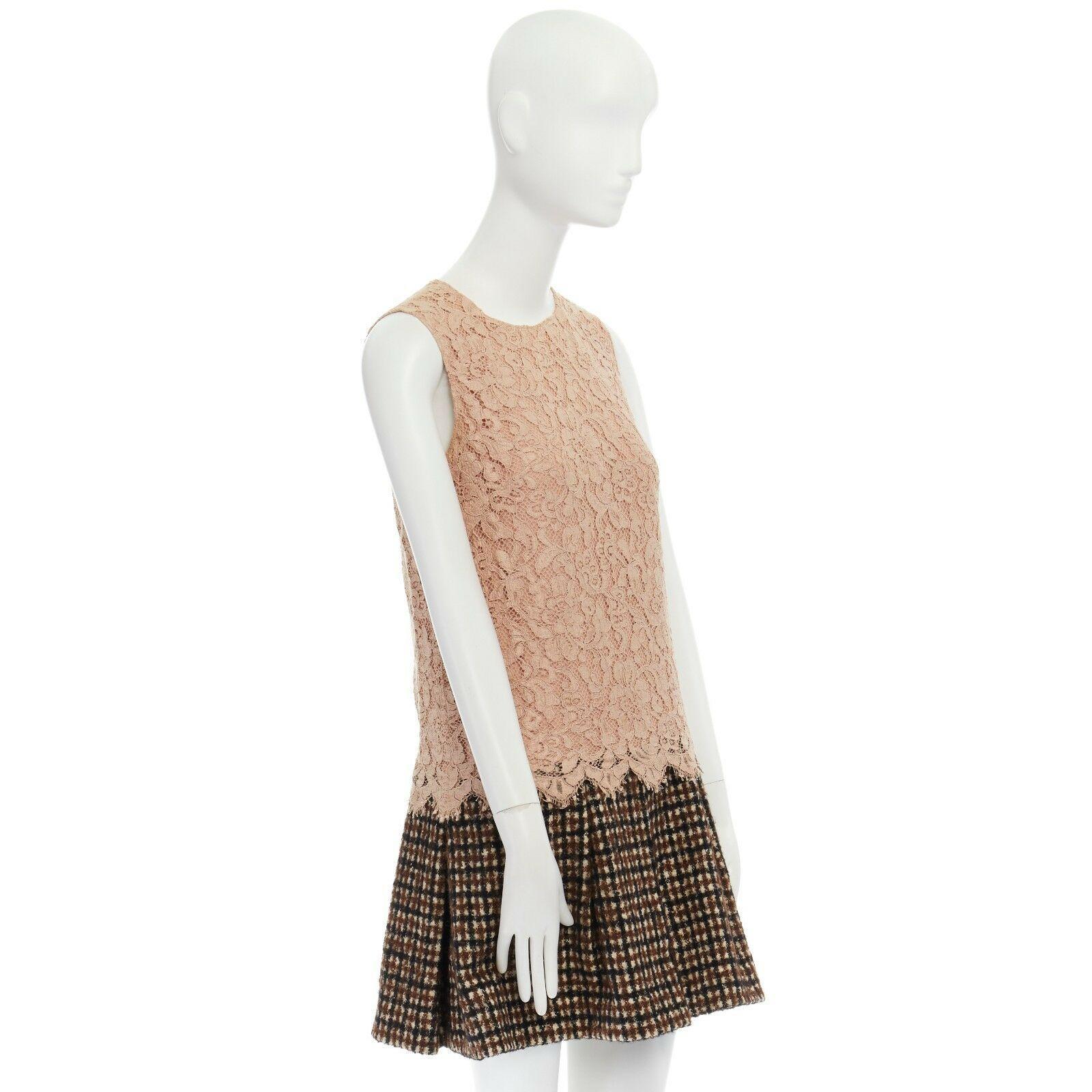 Women's DOLCE GABBANA nude floral lace brown checked wool boucle skirt cocktail dress S