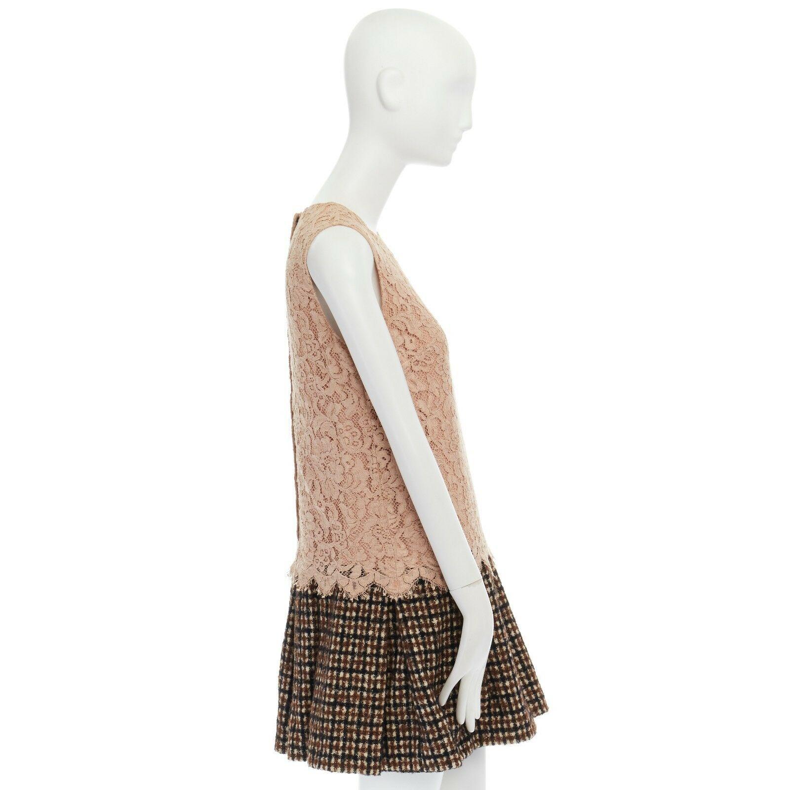 DOLCE GABBANA nude floral lace brown checked wool boucle skirt cocktail dress S 1